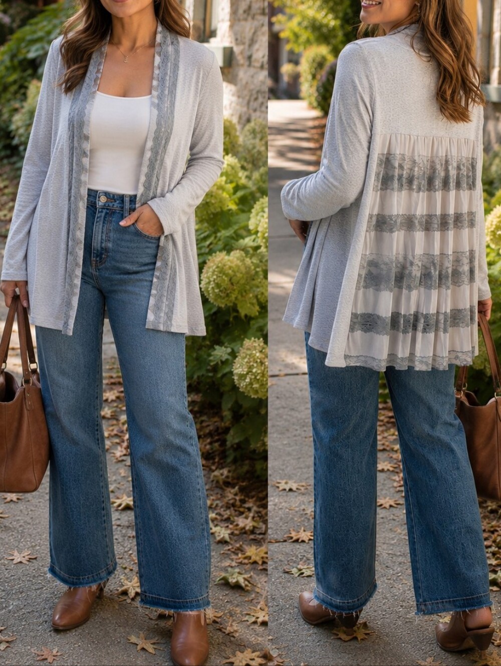 Anthropologie One September Light Gray Lace Pleated Open Front Knit Cardigan